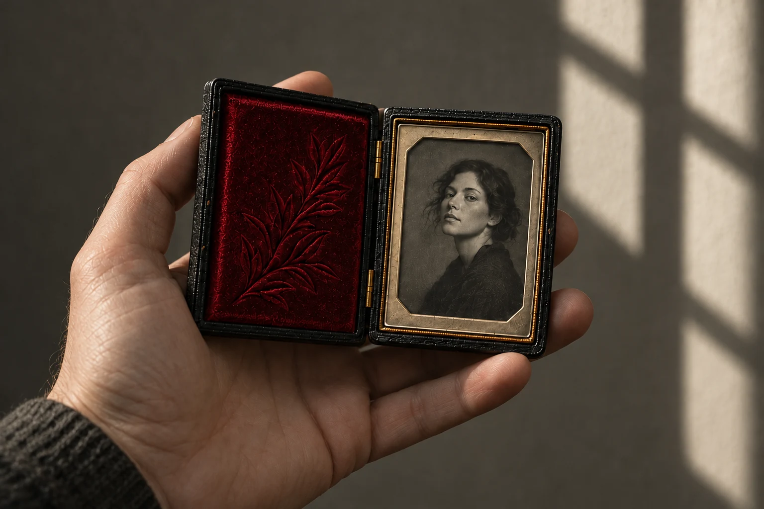 Concept photograph of a small open Union case held in a hand, red velvet left and portrait right.